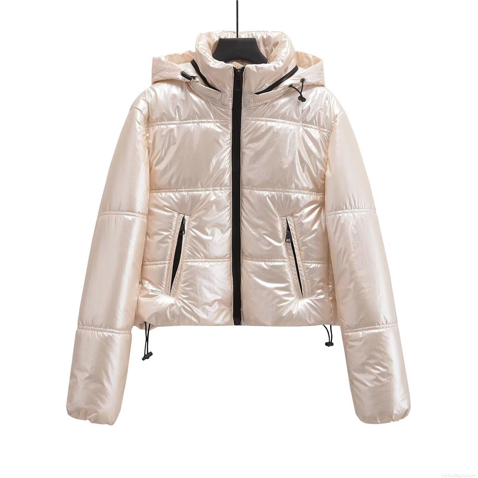 Women's Metallic Shiny Puffer Jacket Hooded Long Sleeve Cotton Padded Coat Winter Short Quilted Streetwear Windproof Outerwear For Lady