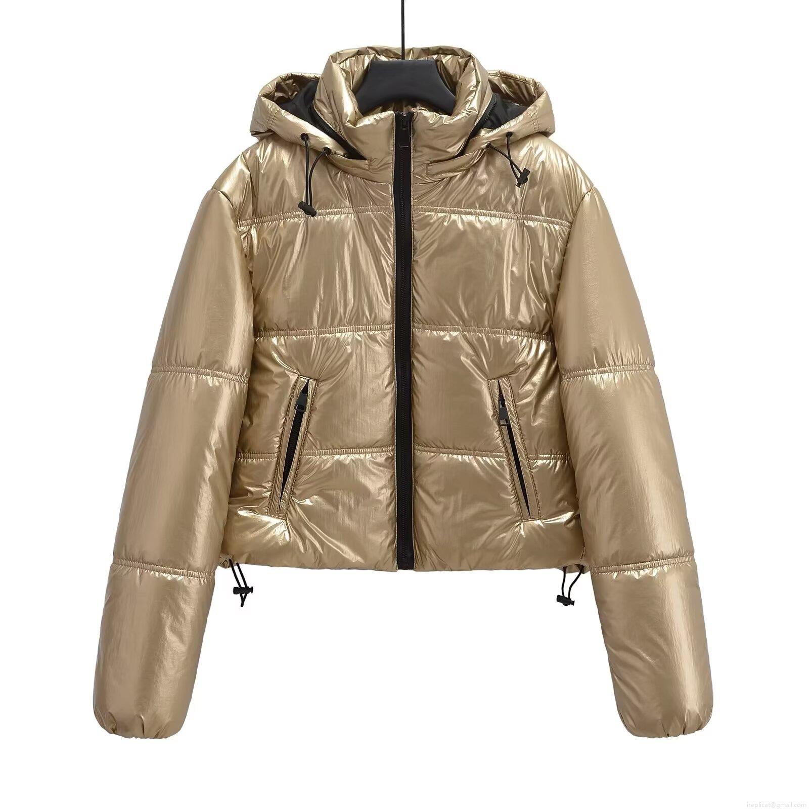Women's Metallic Shiny Puffer Jacket Hooded Long Sleeve Cotton Padded Coat Winter Short Quilted Streetwear Windproof Outerwear For Lady