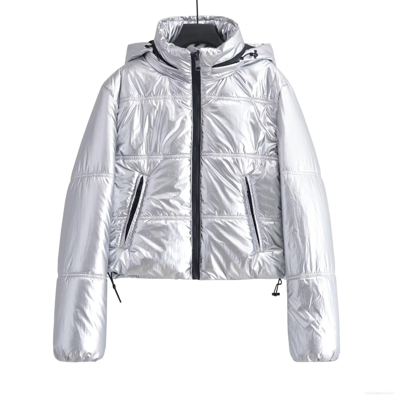 Women's Metallic Shiny Puffer Jacket Hooded Long Sleeve Cotton Padded Coat Winter Short Quilted Streetwear Windproof Outerwear For Lady