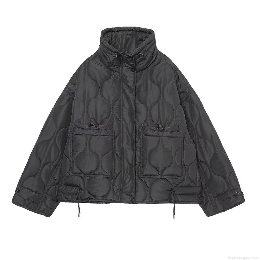 Women's Quilted Puffer Jacket Lightweight Wavy Pattern Mock Neck Zip Up Padded Outerwear With Large Pockets Drawstring Hem For Winter Autumn Streetwear