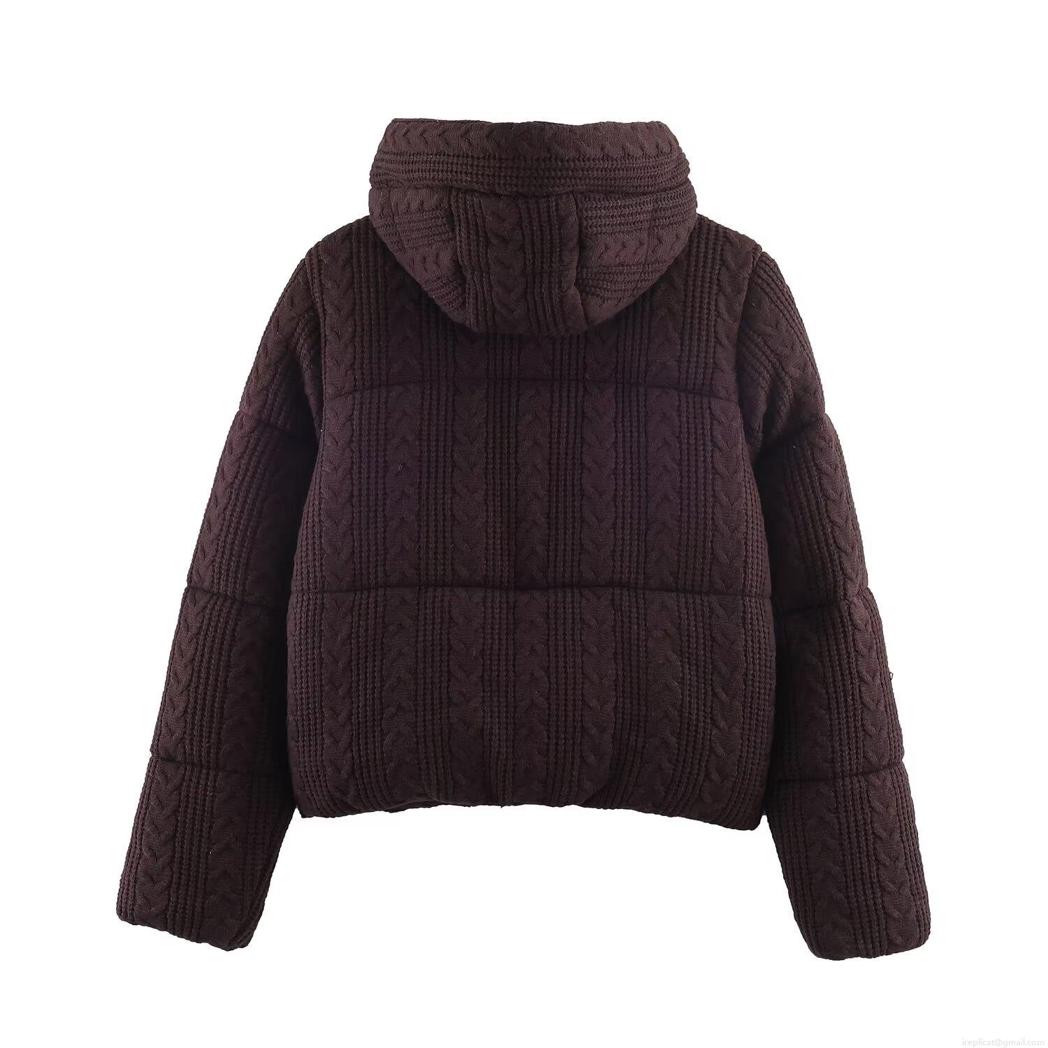 Women's Hooded Puffer Jacket Polyester Padded Cable Knit Textured Outerwear Winter Warm Long Sleeve Zipper Coat Street Style Casual Fashion Short Jacket