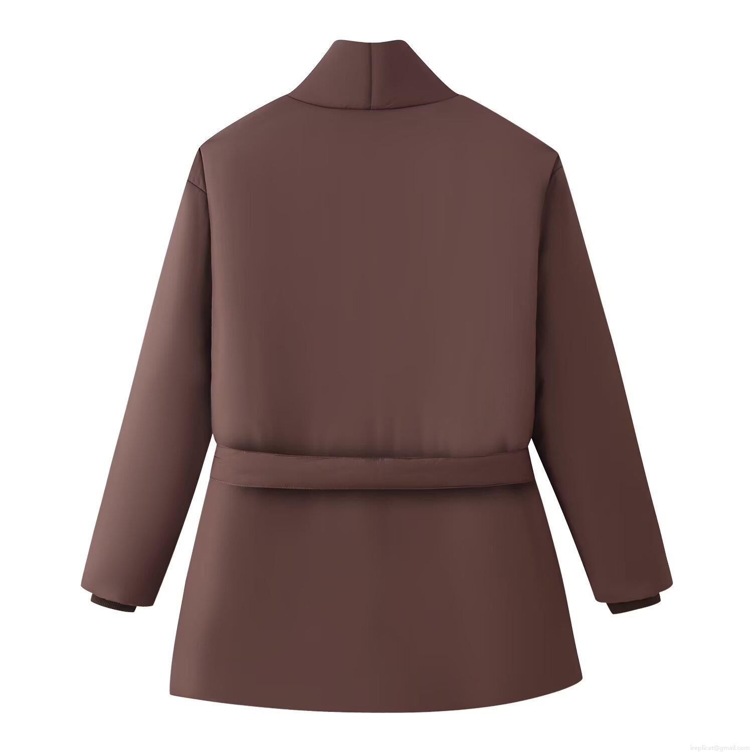 Women's Winter Puffer Cotton Jacket Belted Waist Solid Color Warm Parka Outerwear Streetwear Ladies Long Sleeve Deep Brown Coat