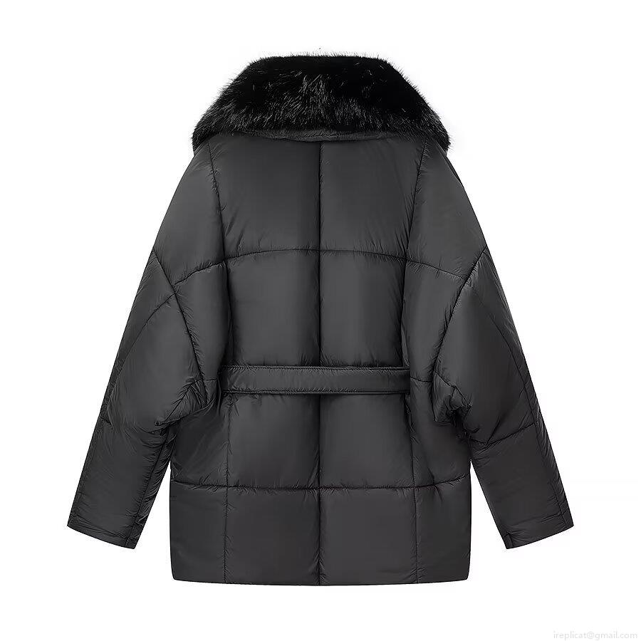 Women's Winter Padded Jacket With Detachable Faux Fur Collar Quilted Slim Waist Tie-Up Coat Long Sleeve Thick Streetwear Outwear Brown Black