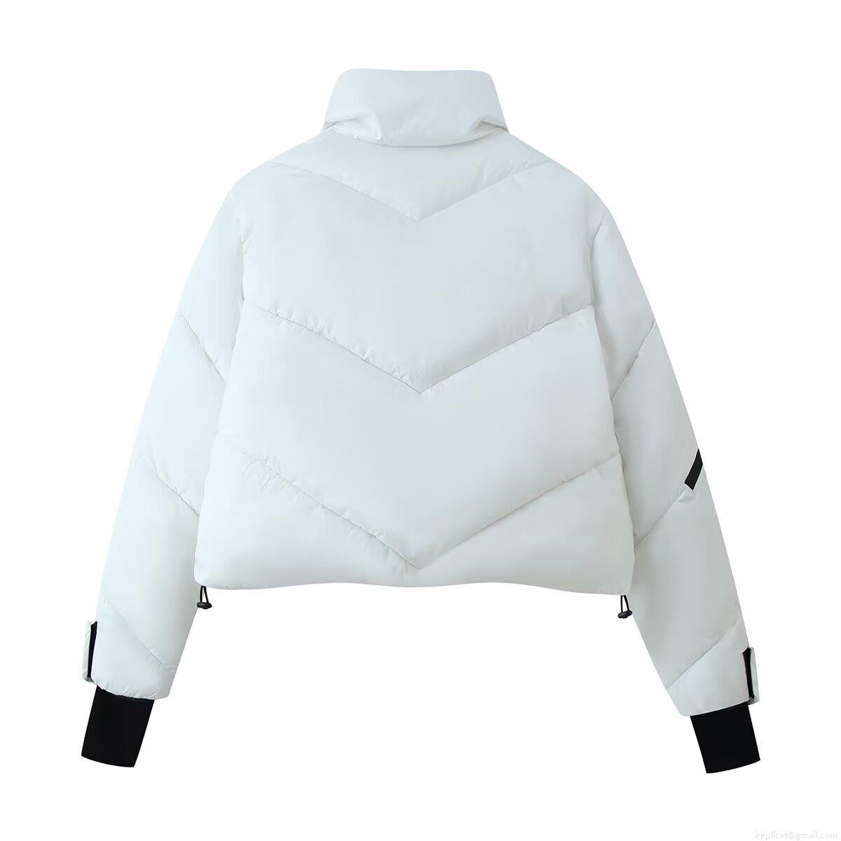 Women European Street Style Stand Collar Long Sleeve Cotton Padded Jacket Loose Fit Contrast Zipper Winter Warm Puffer Coat With Pockets