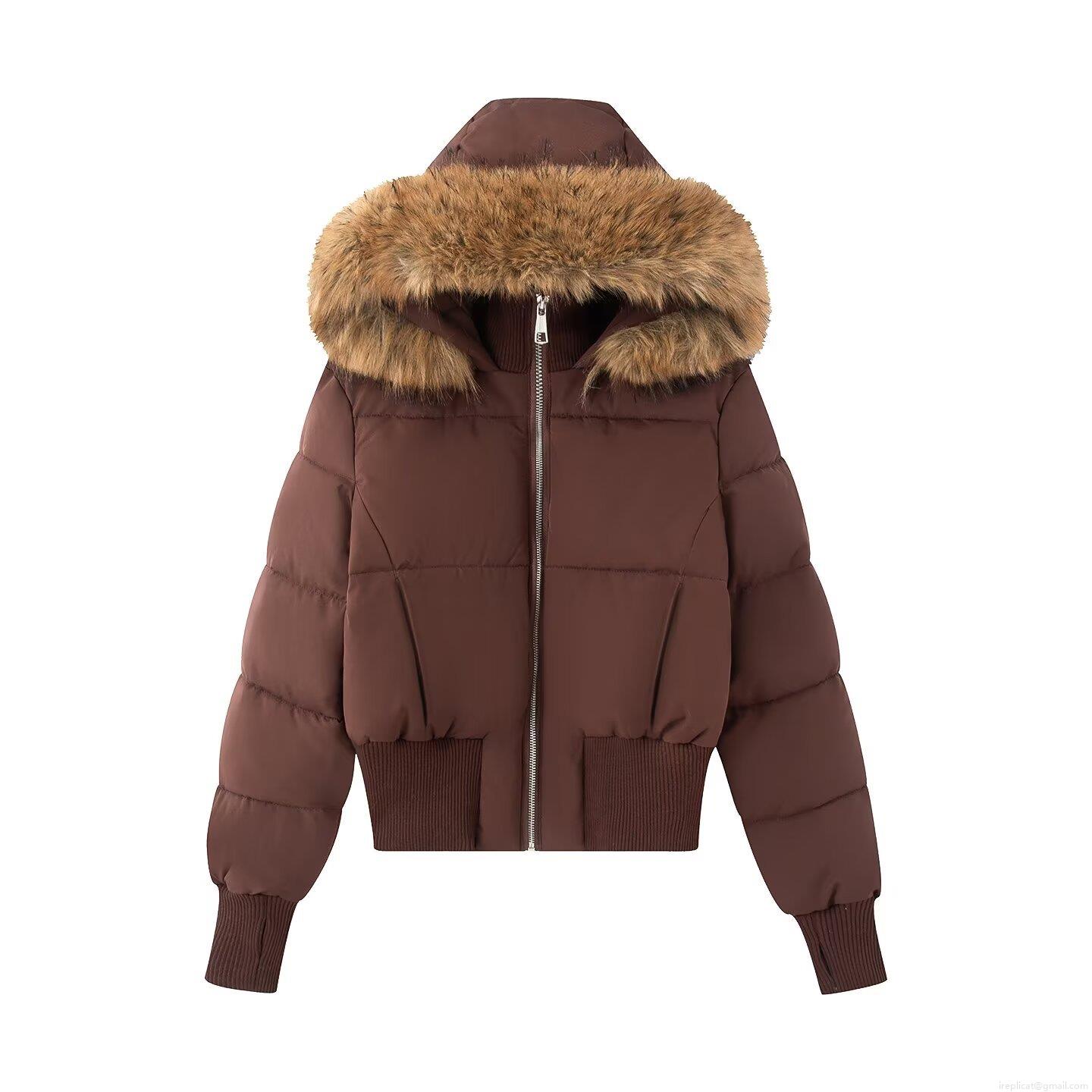 Women's Fashion Short Hooded Puffer Jacket With Removable Faux Fur Trim Casual Warm Winter Down Cotton Coat Zipper Ribbed Cuffs Thumb Hole Outerwear