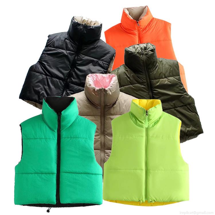 Women's Reversible Quilted Puffer Vest Stand Collar Zip Up Sleeveless Jacket Polyester Warm Casual Padded Waistcoat With Drawstring Hem For Winter Autumn