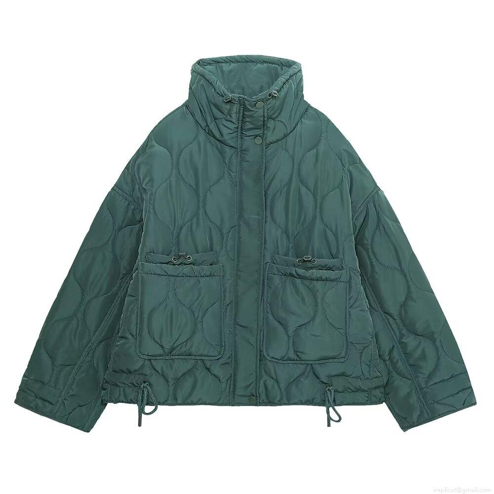 Women's Quilted Jacket 100% Polyester Wave Pattern Stand Collar With Utility Pockets Drawstring Hem Casual Warm Streetwear Lightweight Puffer Coat For Ladies