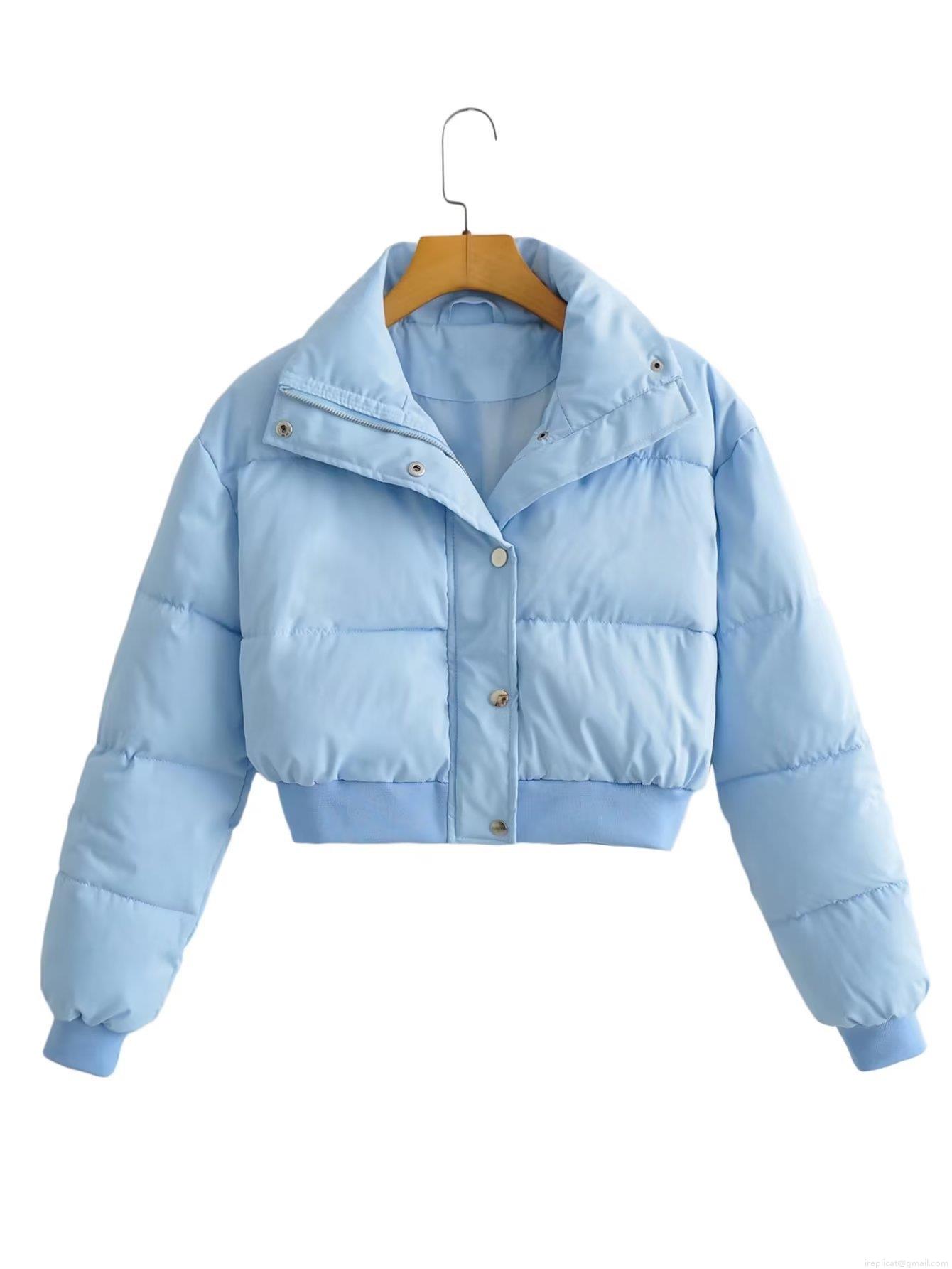 Women Winter Short Puffer Jacket Polyester Padded Coat Stand Collar Single-Breasted Zipper Quilted Outerwear Warm Windproof Bread Jacket For Ladies