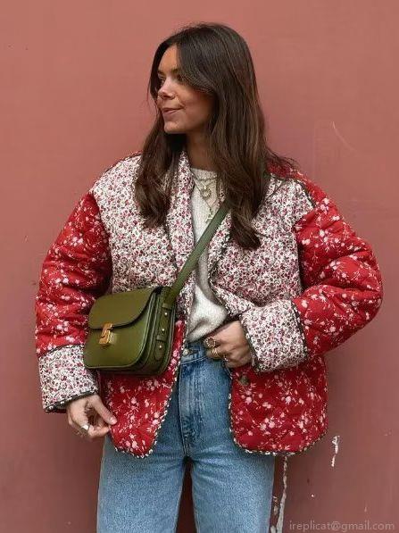 Women's Vintage Floral Print Quilted Jacket Patchwork Contrast Color Cotton Padded Coat Warm Winter Outerwear Ethnic Streetwear Style