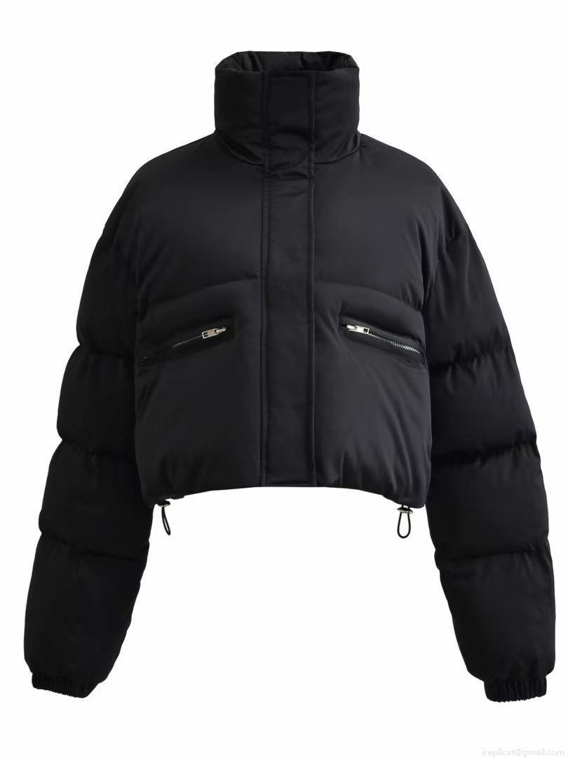 Women's Short Puffer Jacket Stand Collar Zipper Pocket Warm Winter Puffy Bread Coat Solid Color Streetwear Outerwear For Ladies