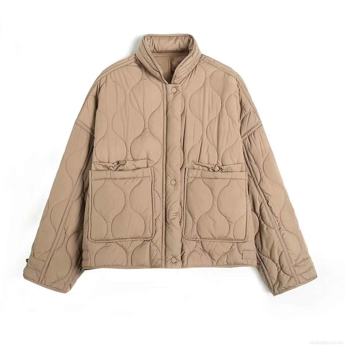 Women's Casual Wave Quilted Hooded Jacket Fashionable Faux Silk Cotton Padded Coat With Large Pockets And Drawstring Hem Warm Windproof Autumn Winter Outerwear For Ladies