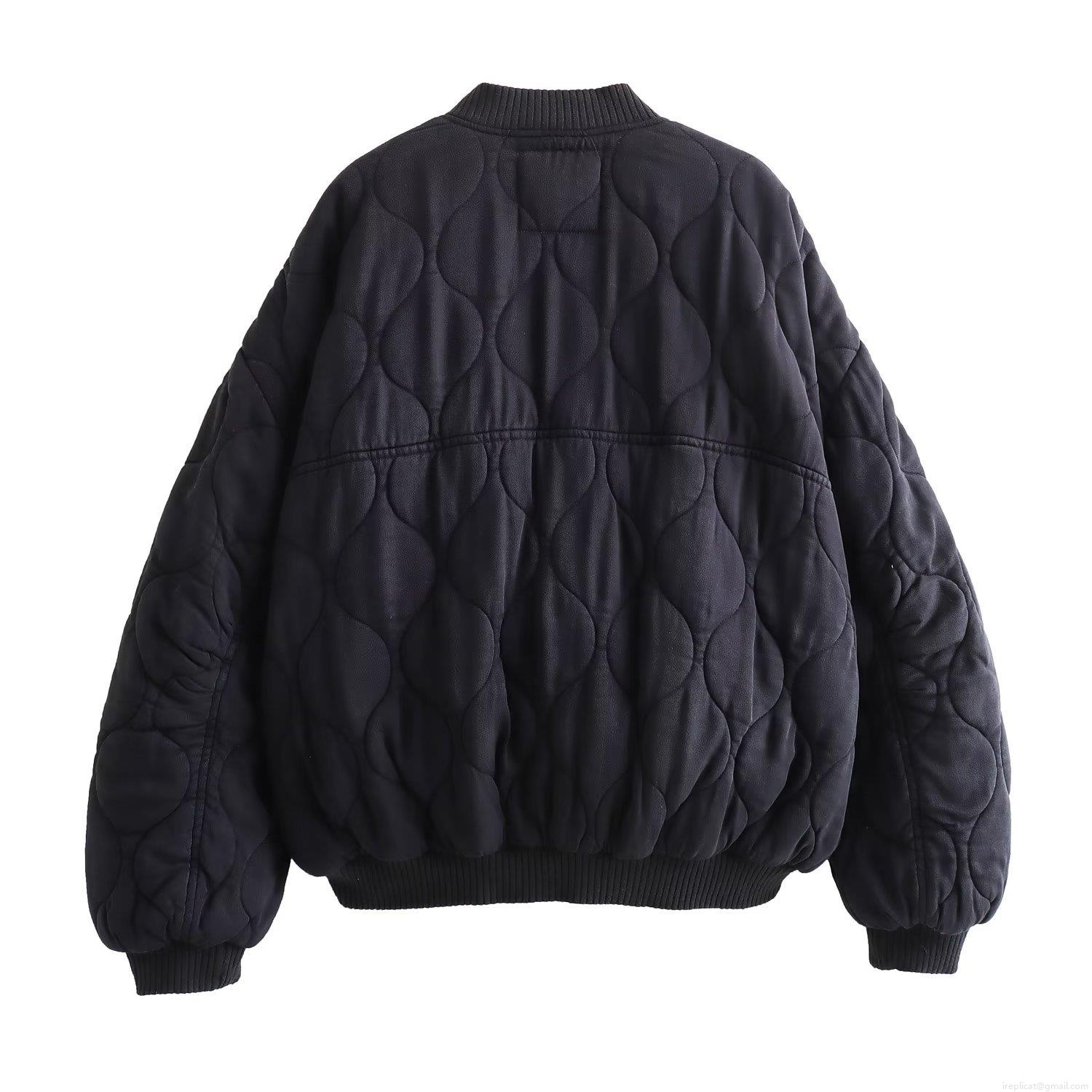 Women Loose Quilted Bomber Jacket Oversized Wavy Padded Cotton Coat With Ribbed Trim Snap Button Pocket Outerwear For Winter Fall Streetwear Lady Casual Padded Jacket