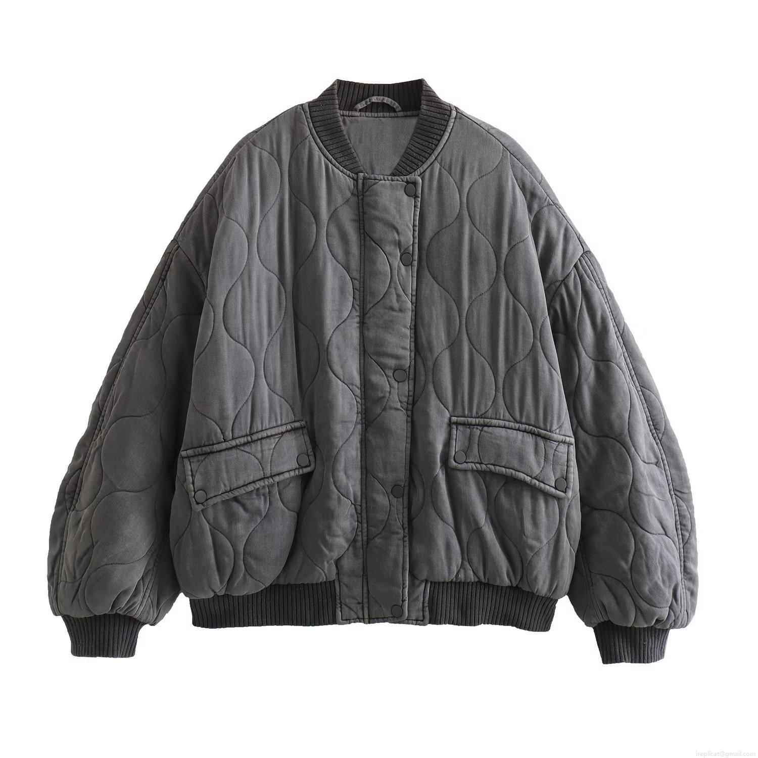 Women Loose Quilted Bomber Jacket Oversized Wavy Padded Cotton Coat With Ribbed Trim Snap Button Pocket Outerwear For Winter Fall Streetwear Lady Casual Padded Jacket
