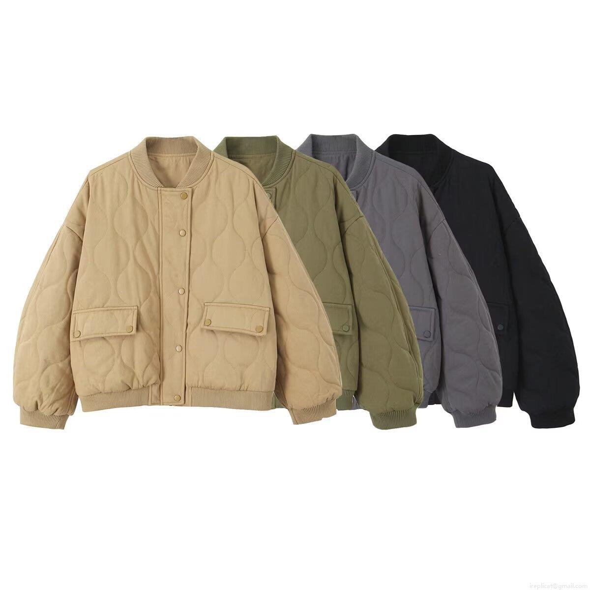 Women Loose Quilted Bomber Jacket Oversized Wavy Padded Cotton Coat With Ribbed Trim Snap Button Pocket Outerwear For Winter Fall Streetwear Lady Casual Padded Jacket