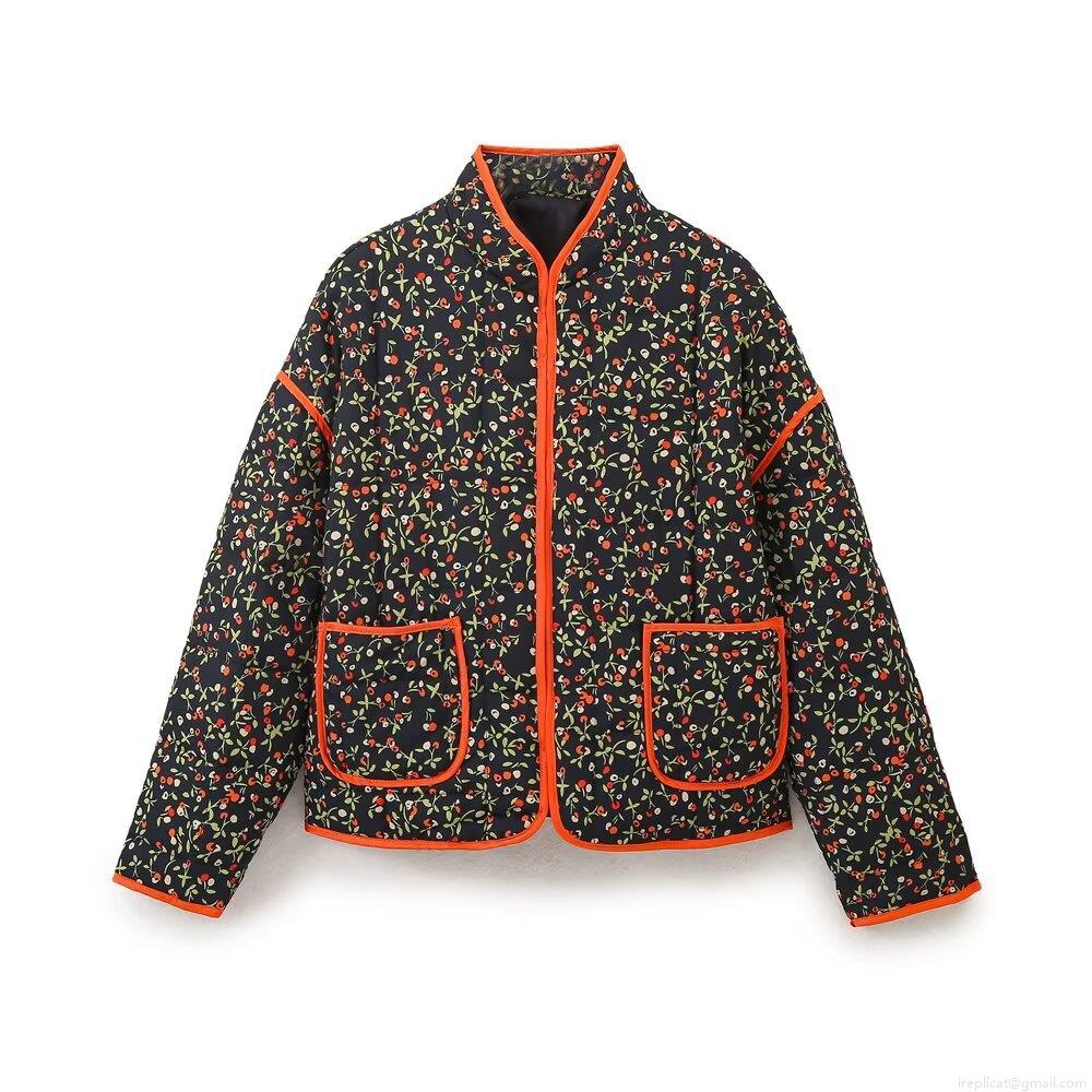 Women's Retro Floral Print Quilted Jacket Lightweight Stand Collar Puffer Coat Ethnic Style Casual Padded Outerwear With Pockets For Autumn Winter