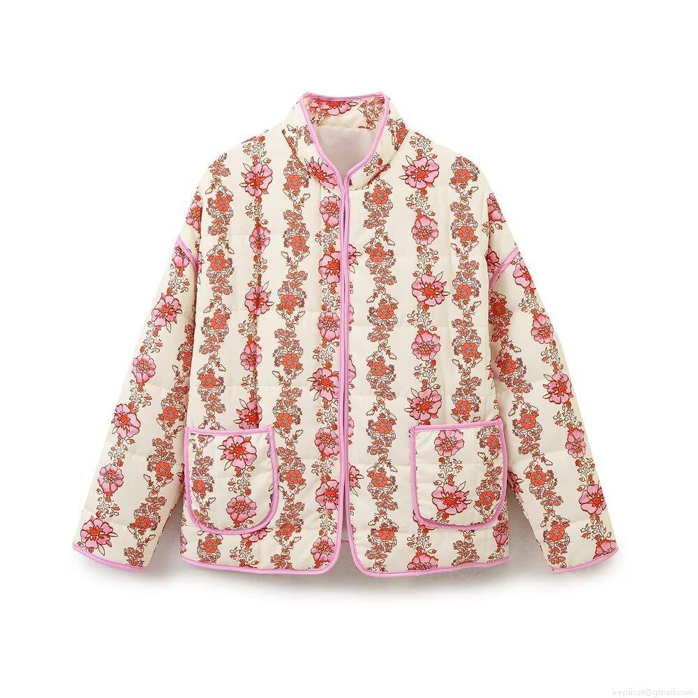 Women's Retro Floral Print Quilted Jacket Lightweight Stand Collar Puffer Coat Ethnic Style Casual Padded Outerwear With Pockets For Autumn Winter