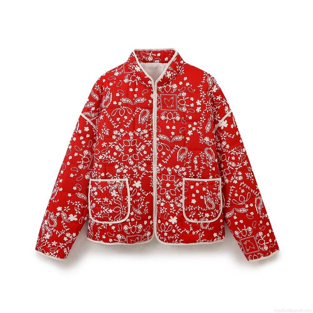 Women's Retro Floral Print Quilted Jacket Lightweight Stand Collar Puffer Coat Ethnic Style Casual Padded Outerwear With Pockets For Autumn Winter
