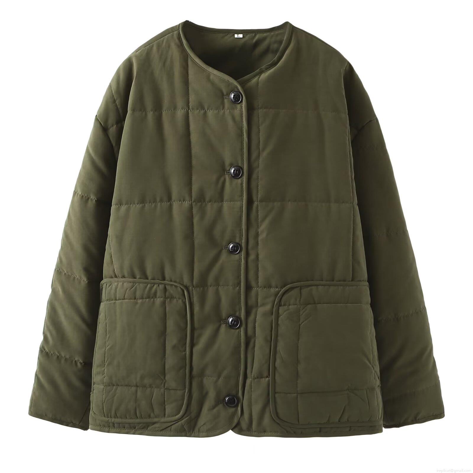 Women's Winter Quilted Jacket Solid Color Round Neck Cotton Padded Coat Casual Button Down Loose Fit Warm Outerwear Streetwear Style With Pockets