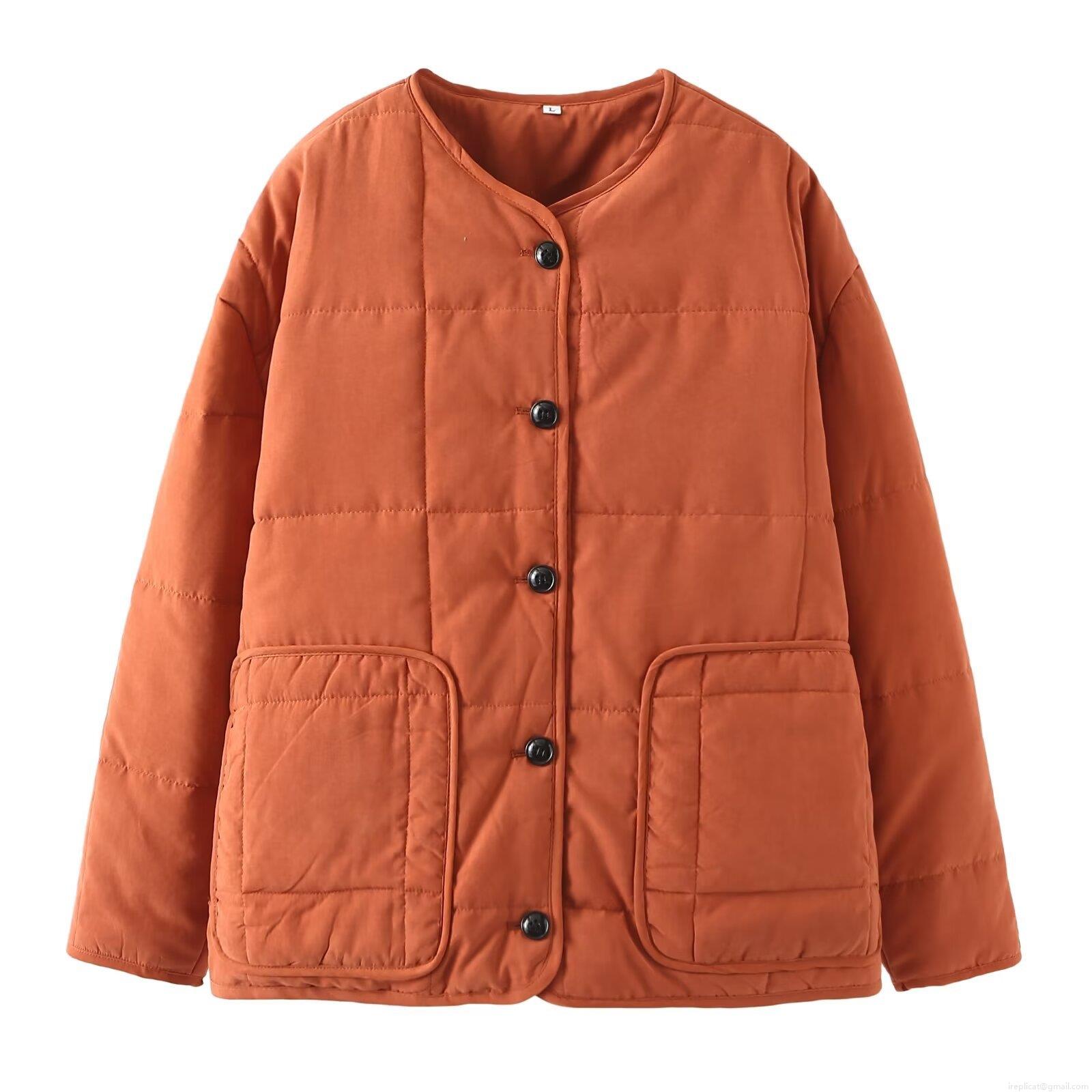 Women's Winter Quilted Jacket Solid Color Round Neck Cotton Padded Coat Casual Button Down Loose Fit Warm Outerwear Streetwear Style With Pockets