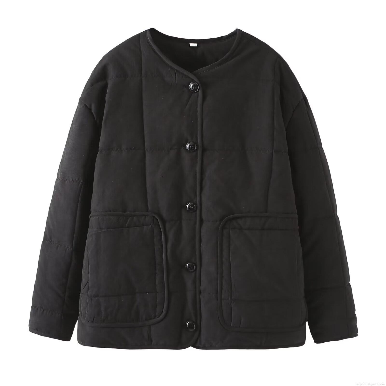 Women's Winter Quilted Jacket Solid Color Round Neck Cotton Padded Coat Casual Button Down Loose Fit Warm Outerwear Streetwear Style With Pockets