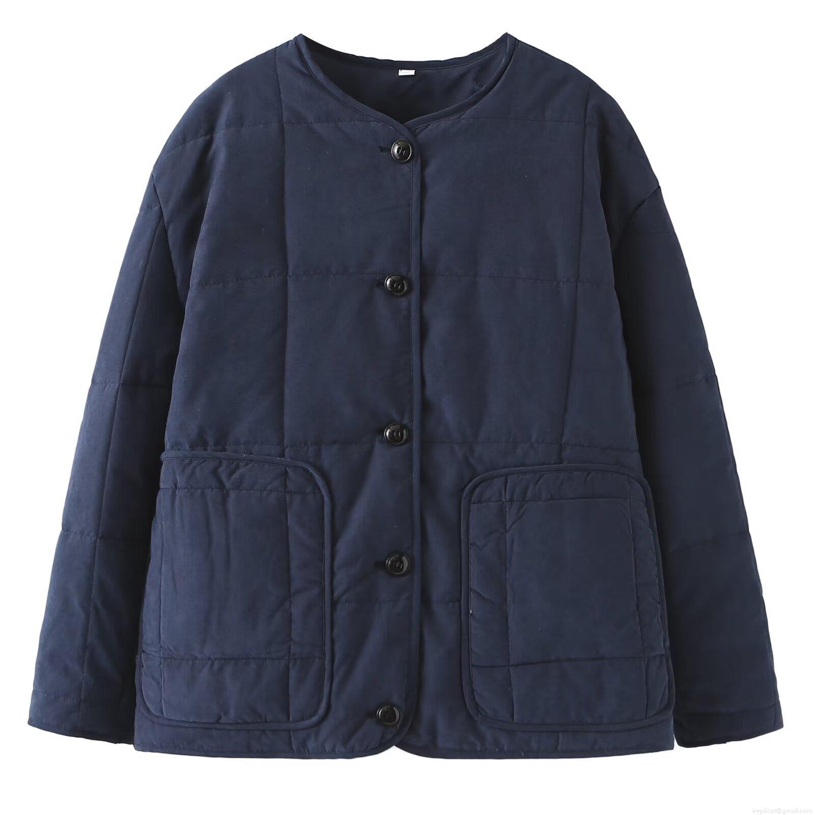 Women's Winter Quilted Jacket Solid Color Round Neck Cotton Padded Coat Casual Button Down Loose Fit Warm Outerwear Streetwear Style With Pockets