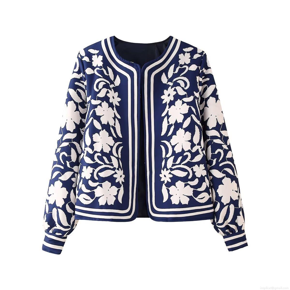 Women's Vintage Floral Print Quilted Jacket Round Neck Long Sleeve Lightweight Thin Cotton Padded Outwear Streetwear Ethnic Style Casual Coats