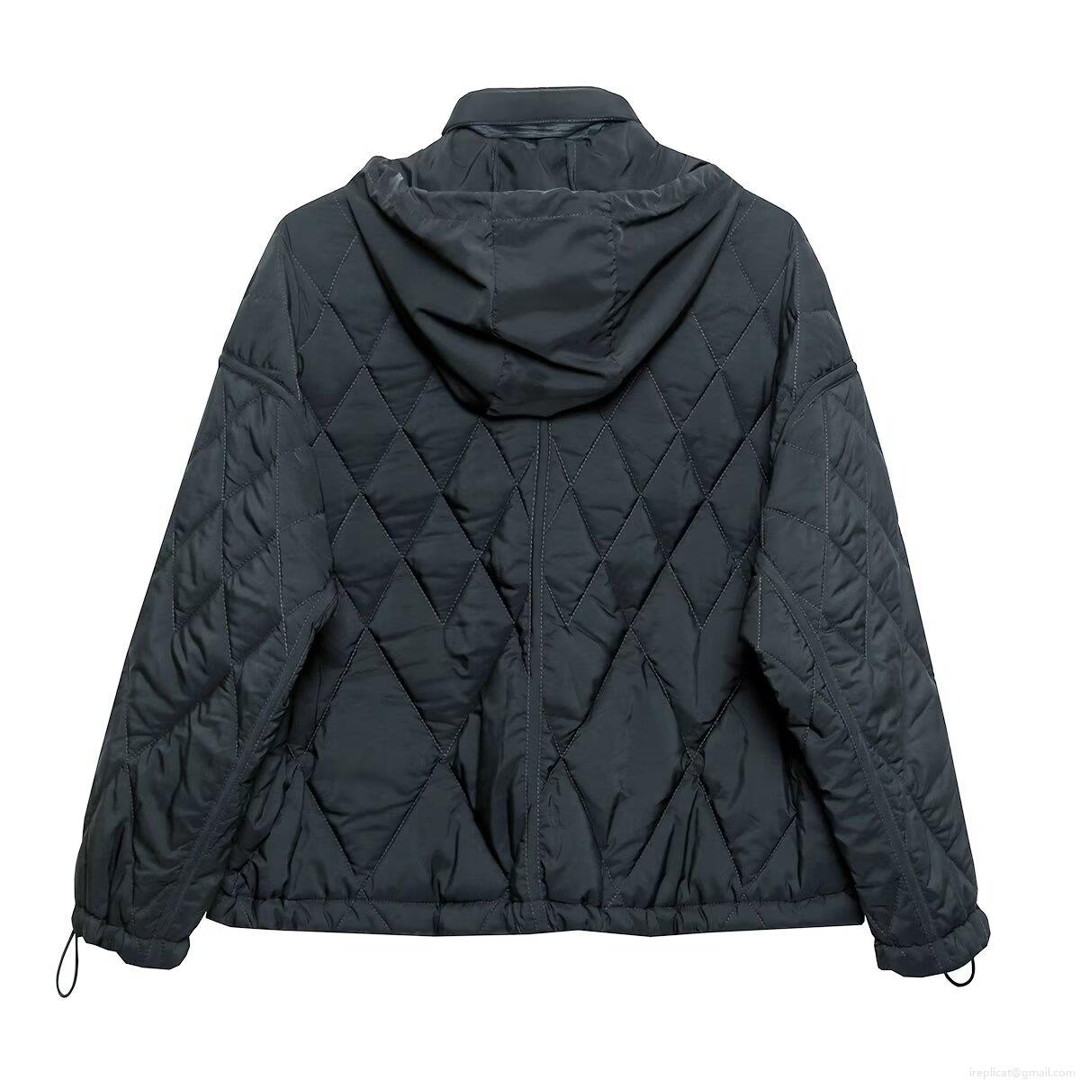 Women's Quilted Hooded Cotton Padded Jacket 100% Polyester Diamond Pattern Stand Collar Zipper Snap Button Outerwear For Winter Fashion