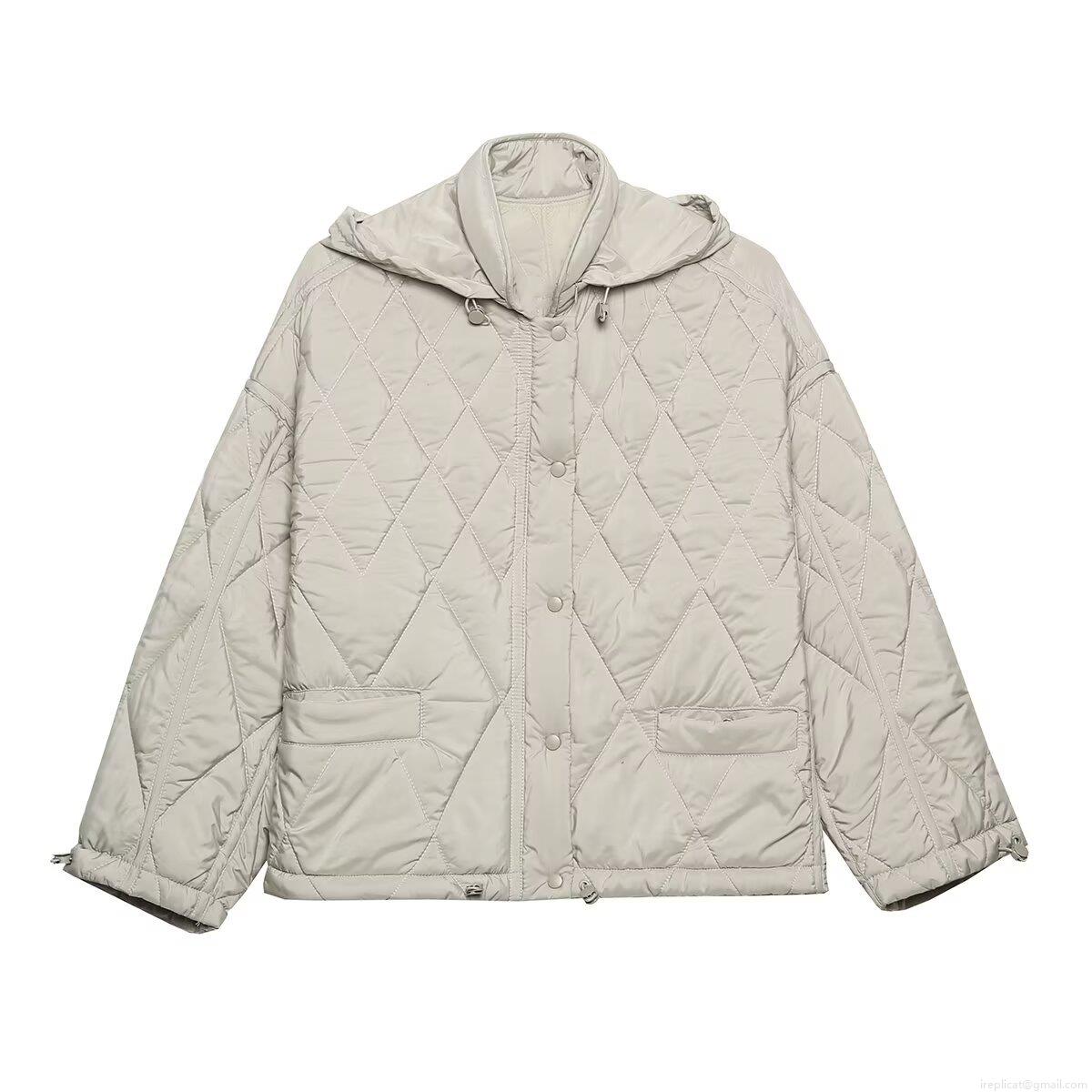 Women's Quilted Hooded Cotton Padded Jacket 100% Polyester Diamond Pattern Stand Collar Zipper Snap Button Outerwear For Winter Fashion