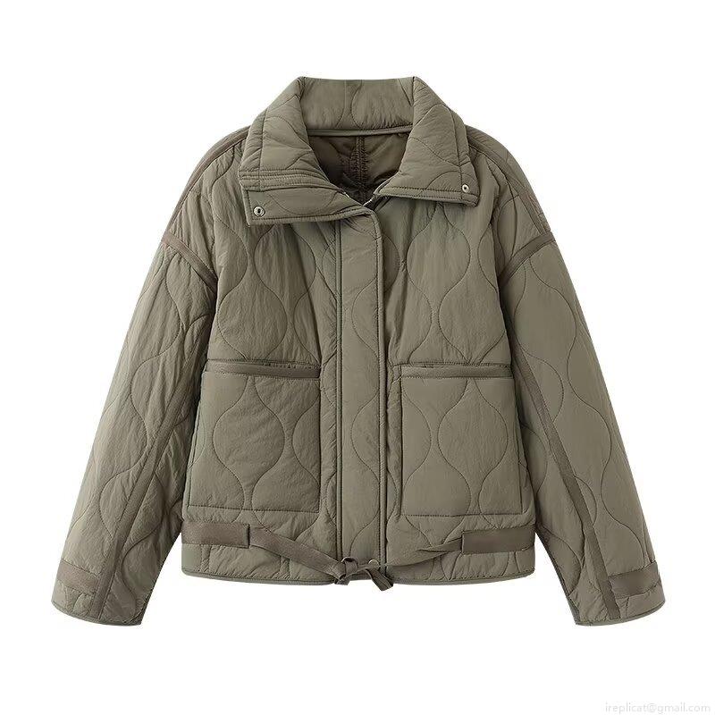 Women Fashion Quilted Padded Jacket Lightweight Stand Collar Zipper Puffer Coat Long Sleeve Outerwear With Pockets Solid Color Casual Warm Winter Jacket