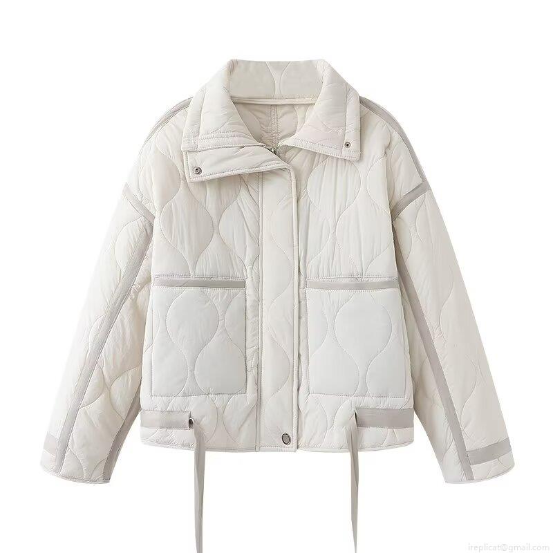 Women Fashion Quilted Padded Jacket Lightweight Stand Collar Zipper Puffer Coat Long Sleeve Outerwear With Pockets Solid Color Casual Warm Winter Jacket
