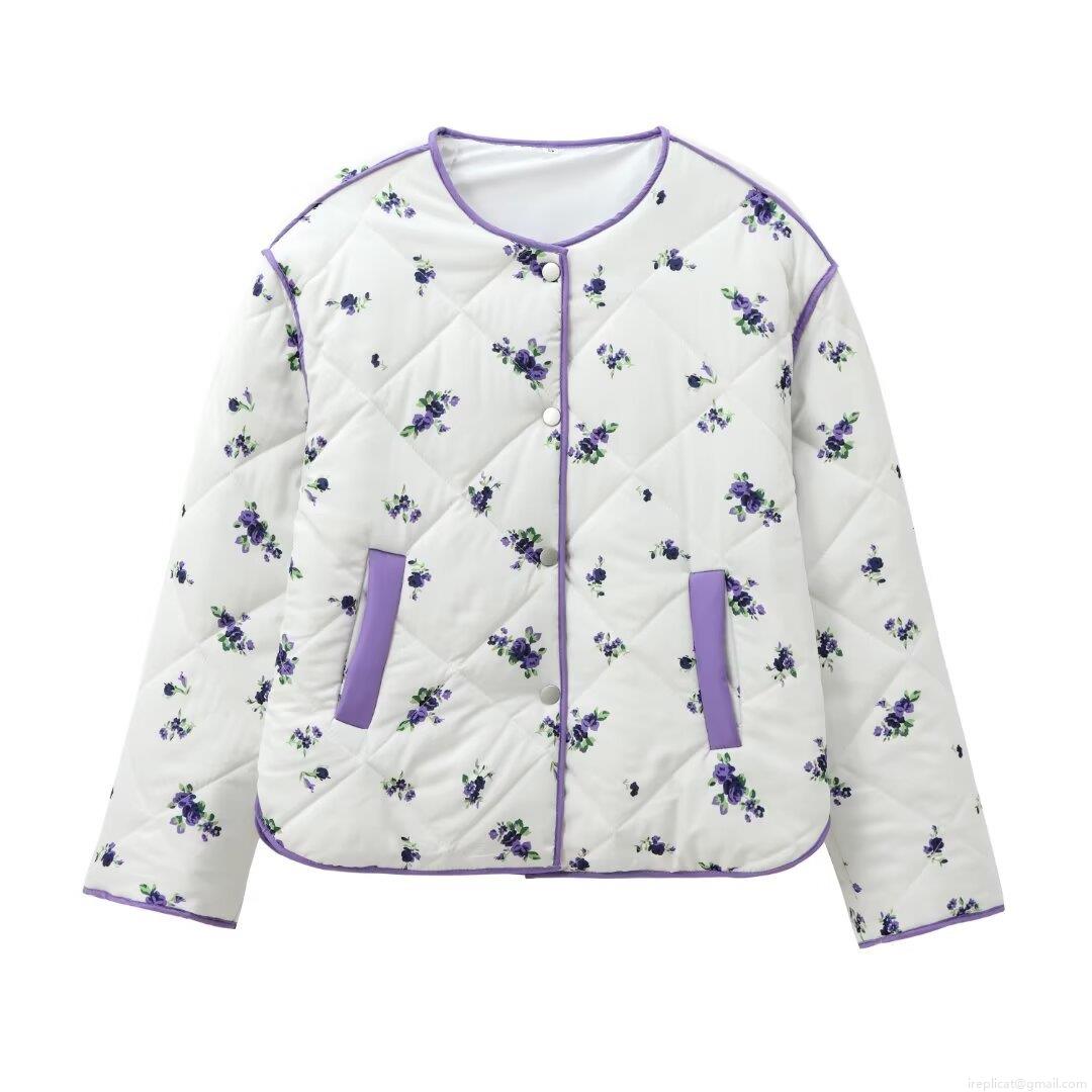 Women's Quilted Floral Print Cotton Padded Jacket Polyester Fabric Warm Lightweight Casual Coat For Winter Outdoor Streetwear Ladies Fashion Long Sleeve Outerwear
