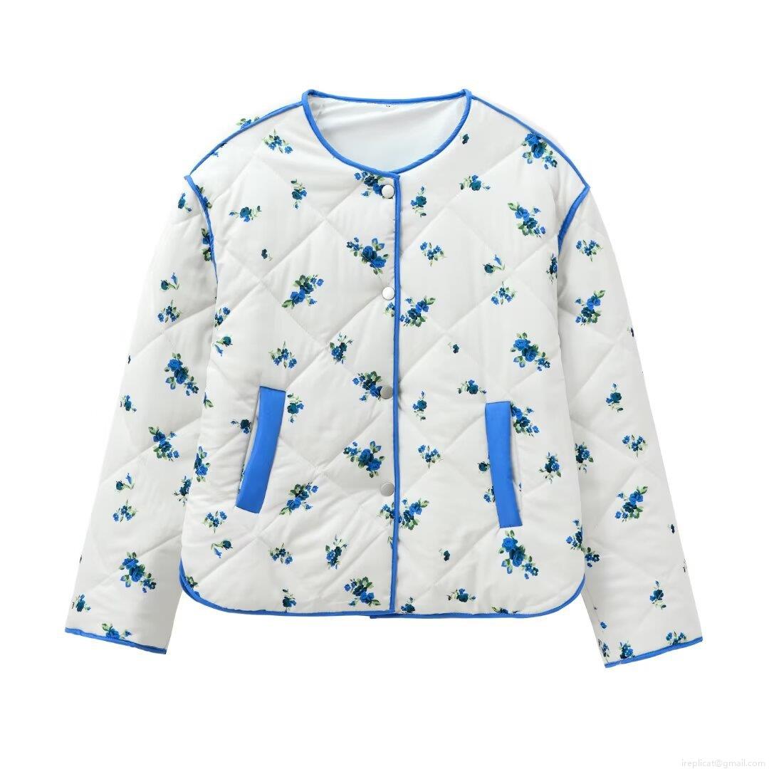 Women's Quilted Floral Print Cotton Padded Jacket Polyester Fabric Warm Lightweight Casual Coat For Winter Outdoor Streetwear Ladies Fashion Long Sleeve Outerwear