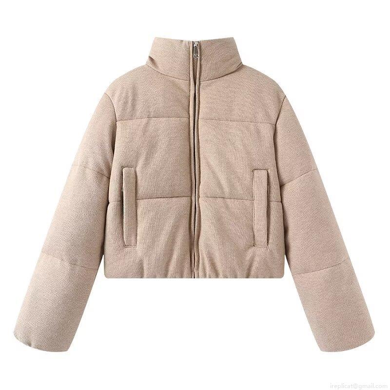 Women's Winter Knitted Stand Collar Puffer Jacket Casual Warm Solid Color Quilted Polyester Coat Long Sleeve Zipper Streetwear Outerwear For Women