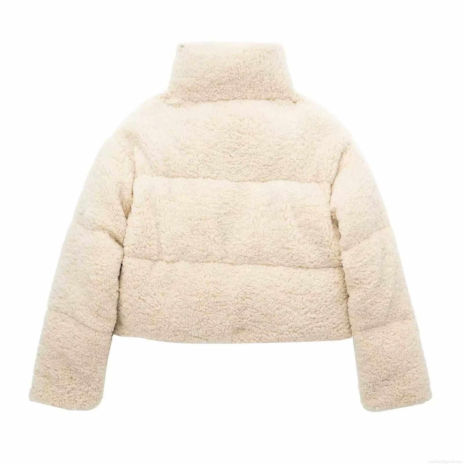 Women's Fashion Sherpa Fleece Quilted Puffer Jacket Stand Collar Warm Cropped Padding Coat Streetwear Outerwear For Autumn Winter