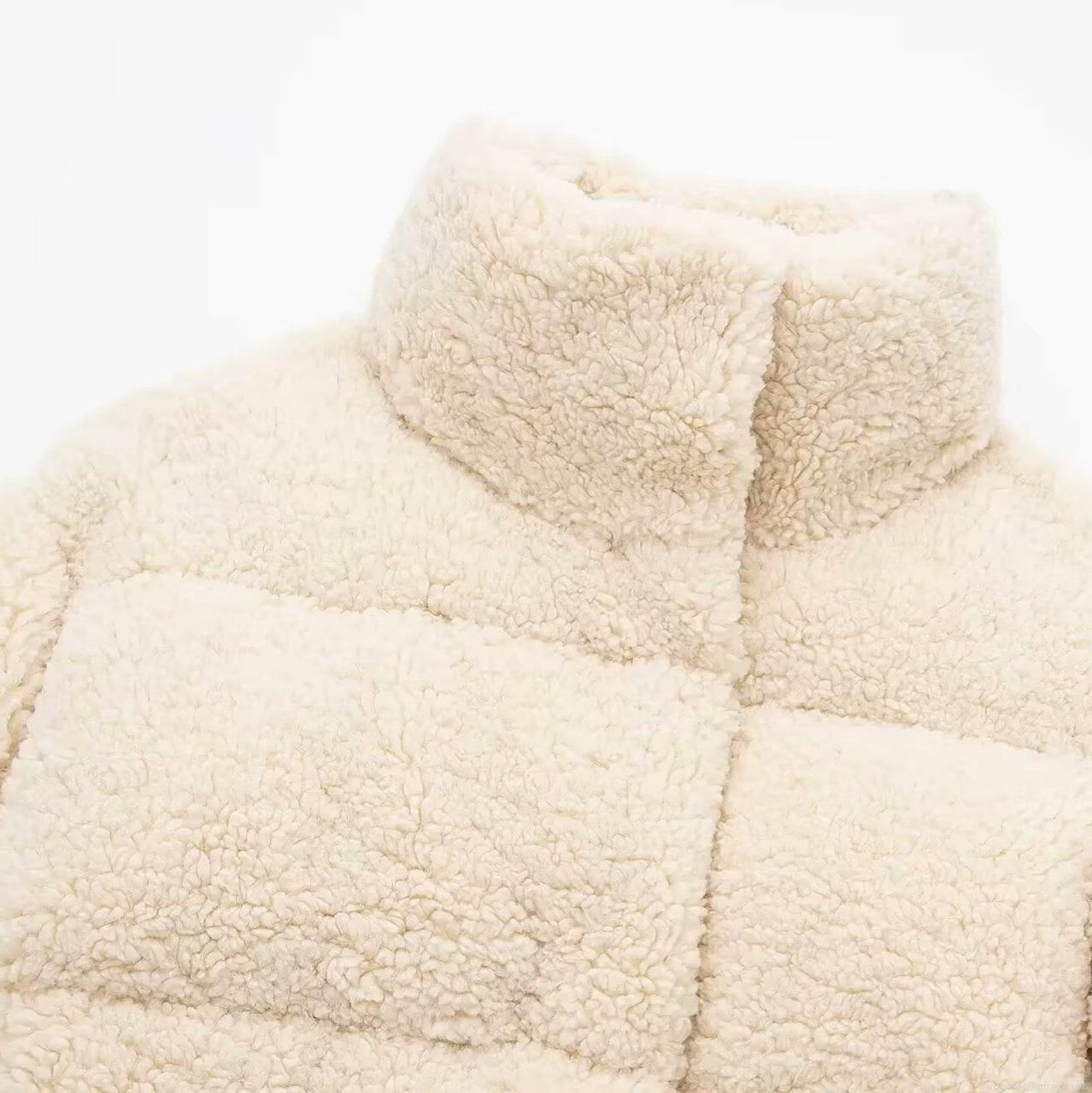 Women's Fashion Sherpa Fleece Quilted Puffer Jacket Stand Collar Warm Cropped Padding Coat Streetwear Outerwear For Autumn Winter