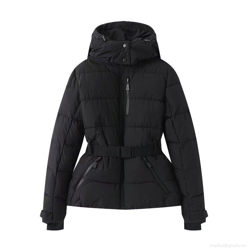 Women's Metallic Shiny Puffer Jacket Hooded Windproof Warm Winter Coat With Belt Slim Fit For Skiing Outdoor Streetwear