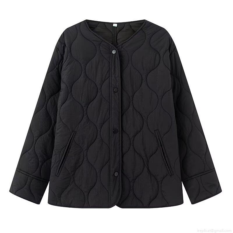 Women's Lightweight Quilted Padded Jacket Round Neck Long Sleeve Side Slit Loose Fit Solid Color Cotton Coat Casual Winter Warm Outerwear