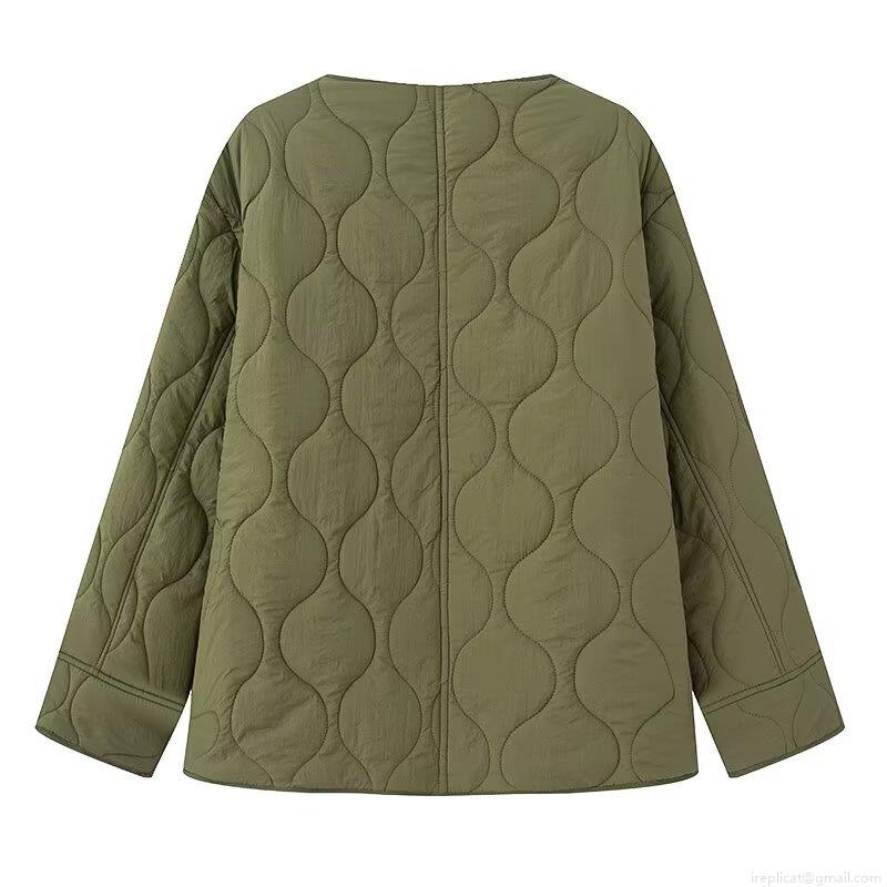 Women's Lightweight Quilted Padded Jacket Round Neck Long Sleeve Side Slit Loose Fit Solid Color Cotton Coat Casual Winter Warm Outerwear