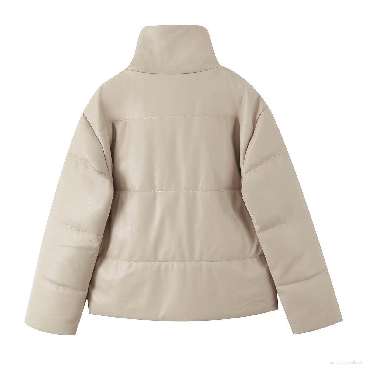 Women's Winter Puffer Jacket Faux PU Leather Stand Collar Long Sleeve Padded Bread Coat Solid Color Warm Quilted Outerwear Casual Streetwear For Ladies