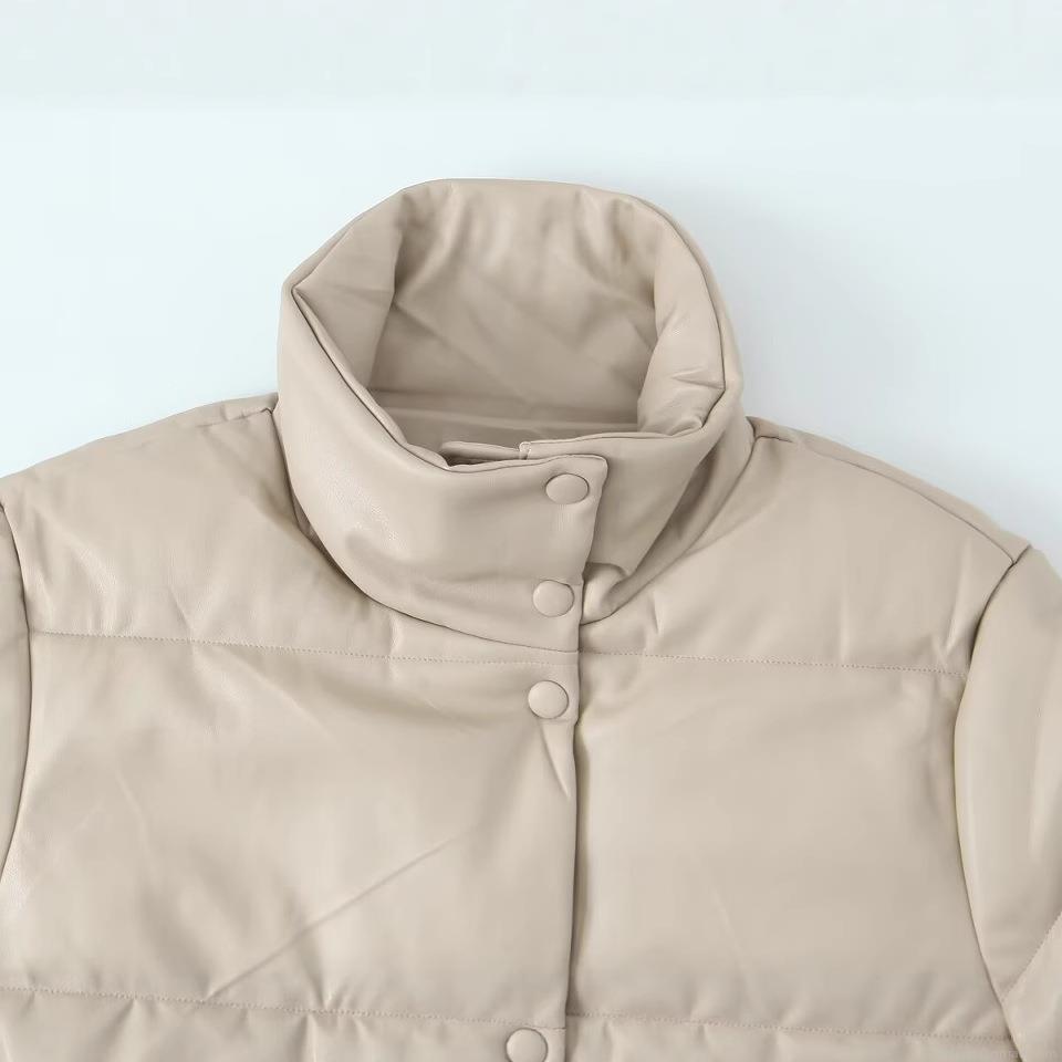 Women's Winter Puffer Jacket Faux PU Leather Stand Collar Long Sleeve Padded Bread Coat Solid Color Warm Quilted Outerwear Casual Streetwear For Ladies