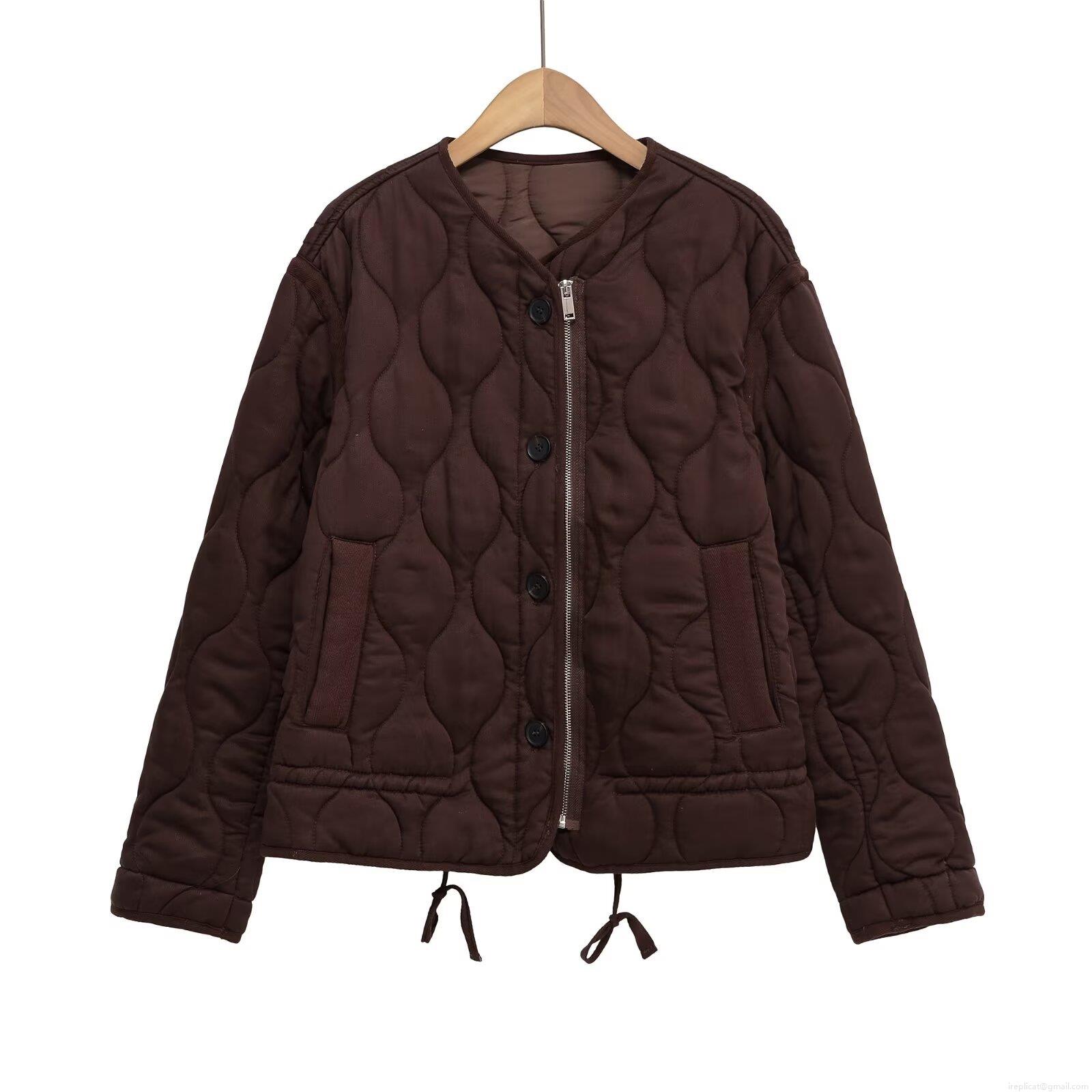 Women Casual Loose Quilted Cotton Padded Jacket Winter Round Neck Long Sleeve Outerwear Coat With Zipper And Buttons Streetwear For Ladies Polyester Warm