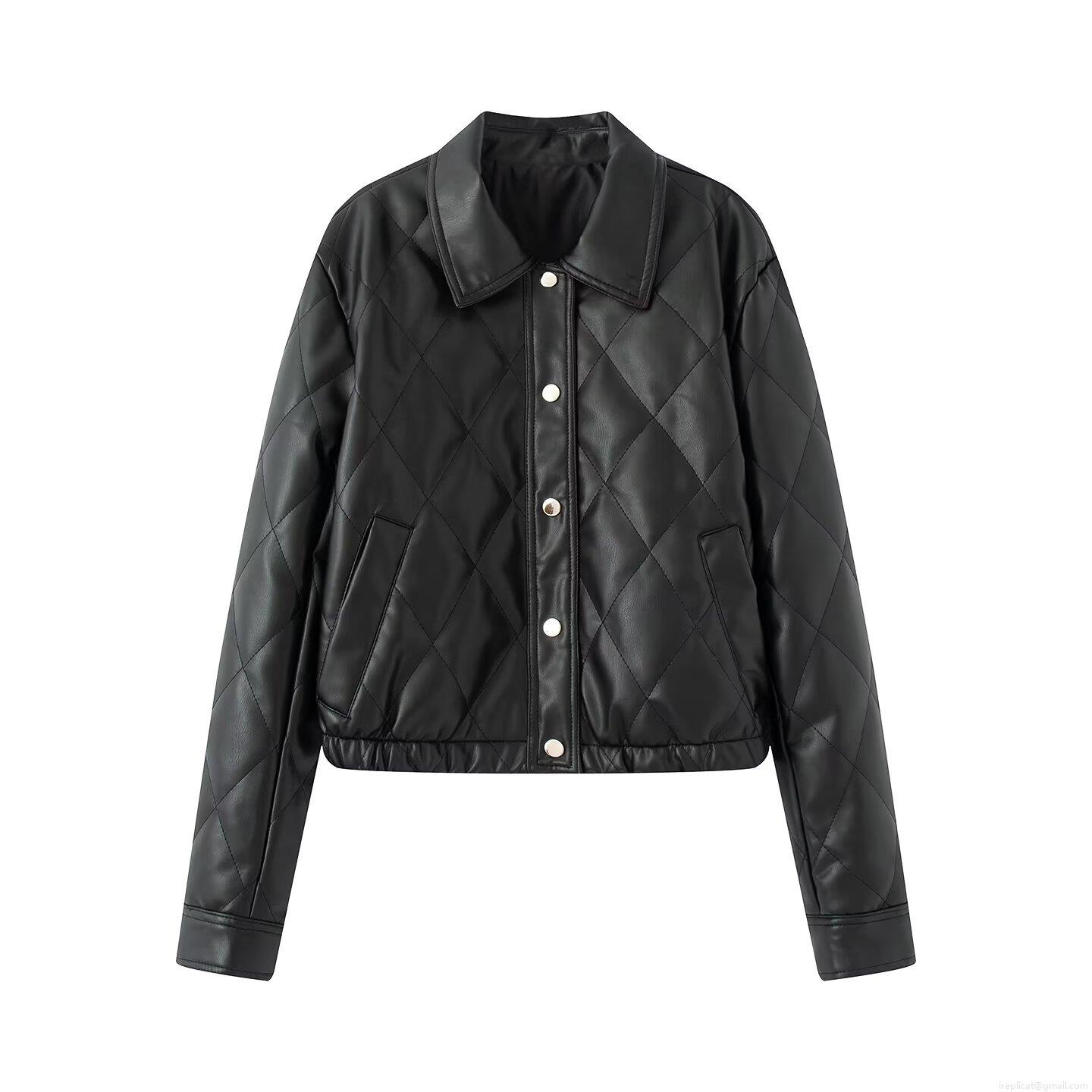 Women's Winter PU Leather Quilted Jacket Lapel Single Breasted Rhombus Padded Outerwear Long Sleeve Streetwear Warm Coat For Women