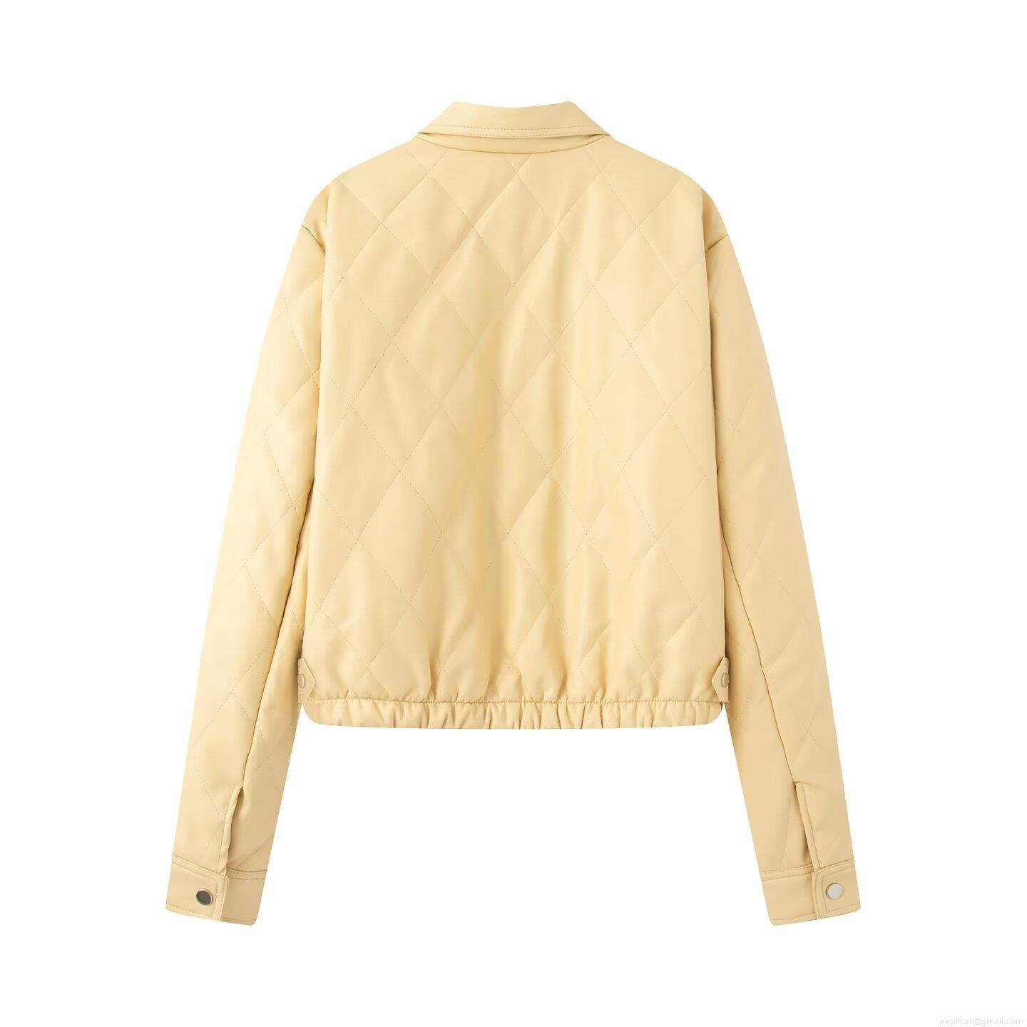 Women's Winter PU Leather Quilted Jacket Lapel Single Breasted Rhombus Padded Outerwear Long Sleeve Streetwear Warm Coat For Women