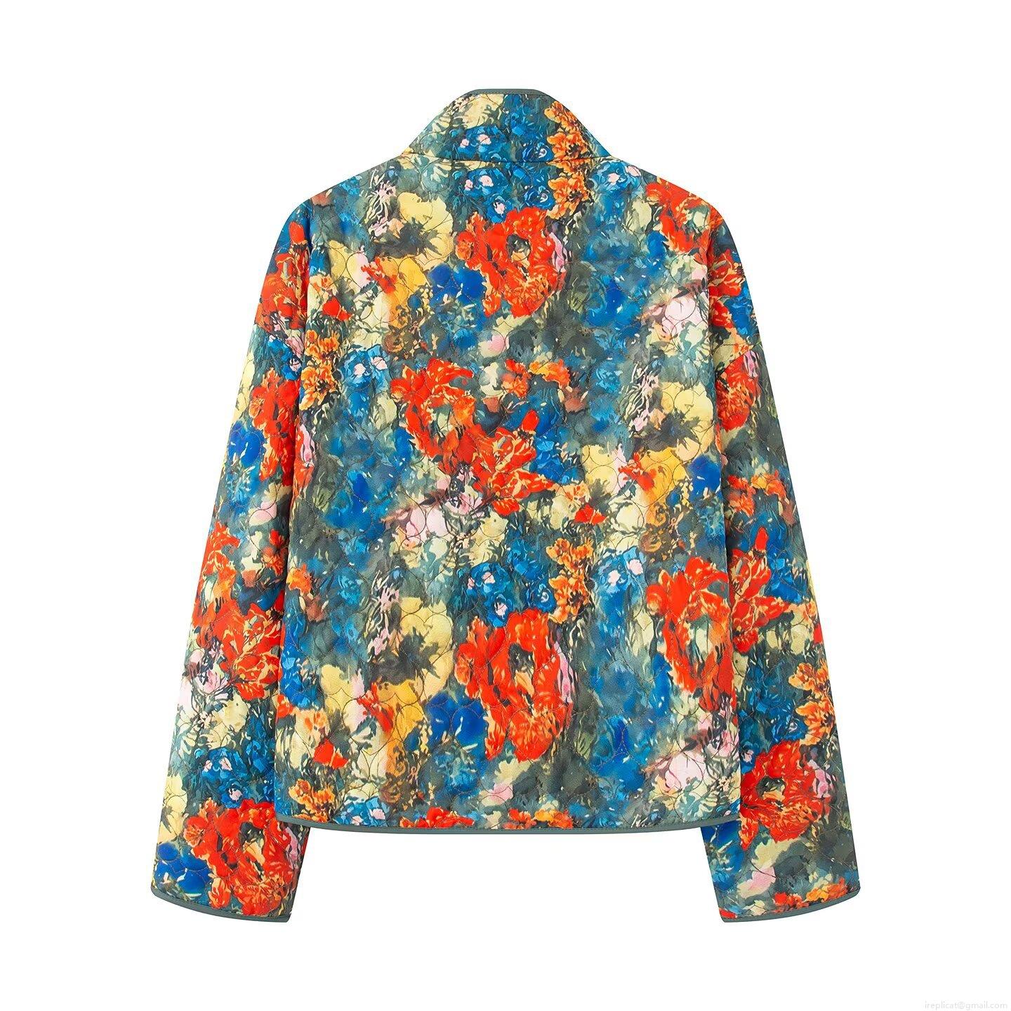 Women's Winter Floral Print Quilted Cotton-Padded Jacket Stand Collar Long Sleeve Warm Padded Coat Thick Outerwear Streetwear Casual Jacket With Snap Buttons
