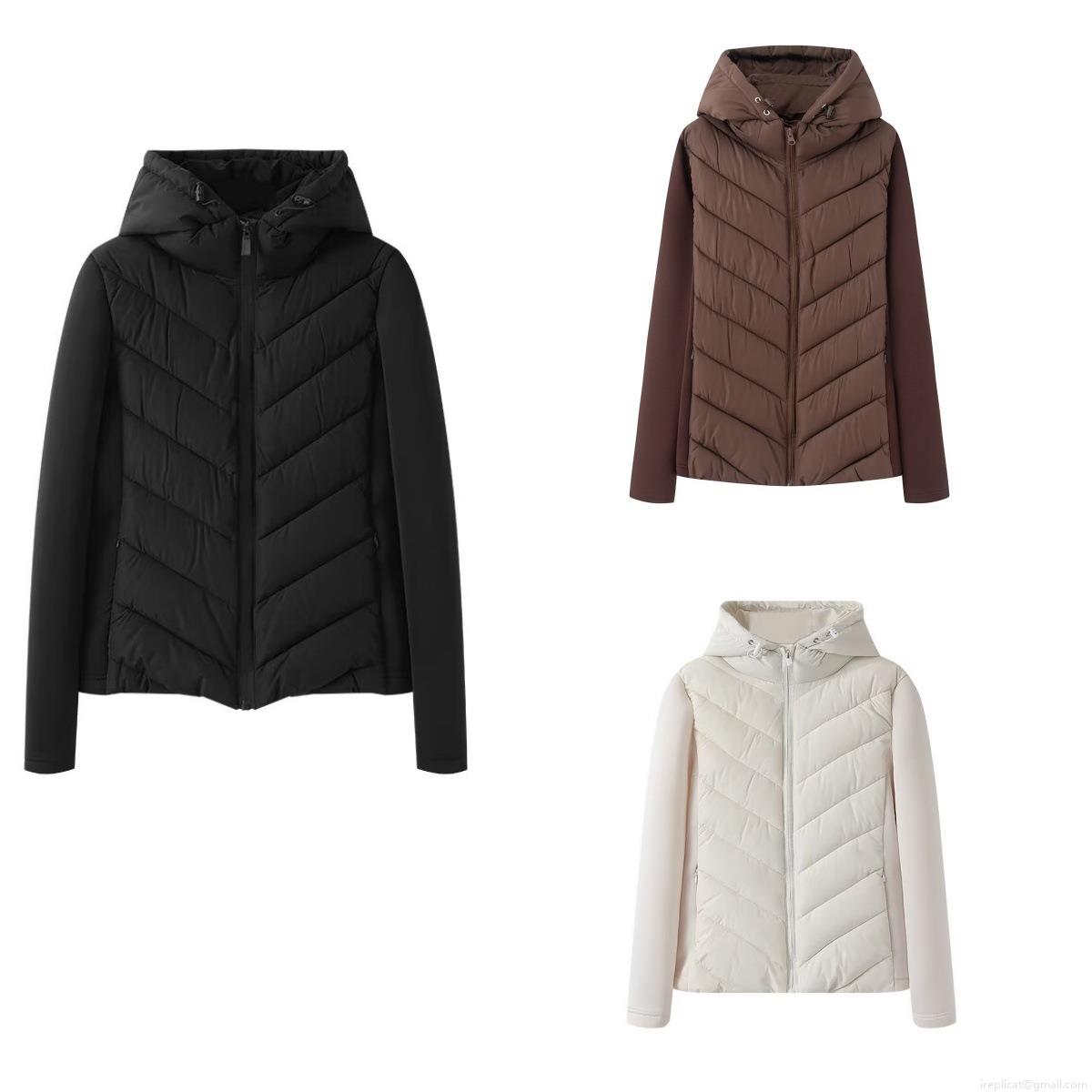 Women's Hooded Spliced Padded Jacket Winter Warm V-Quilted Long Sleeve Zipper Coat Outdoor Streetwear Solid Color Outwear