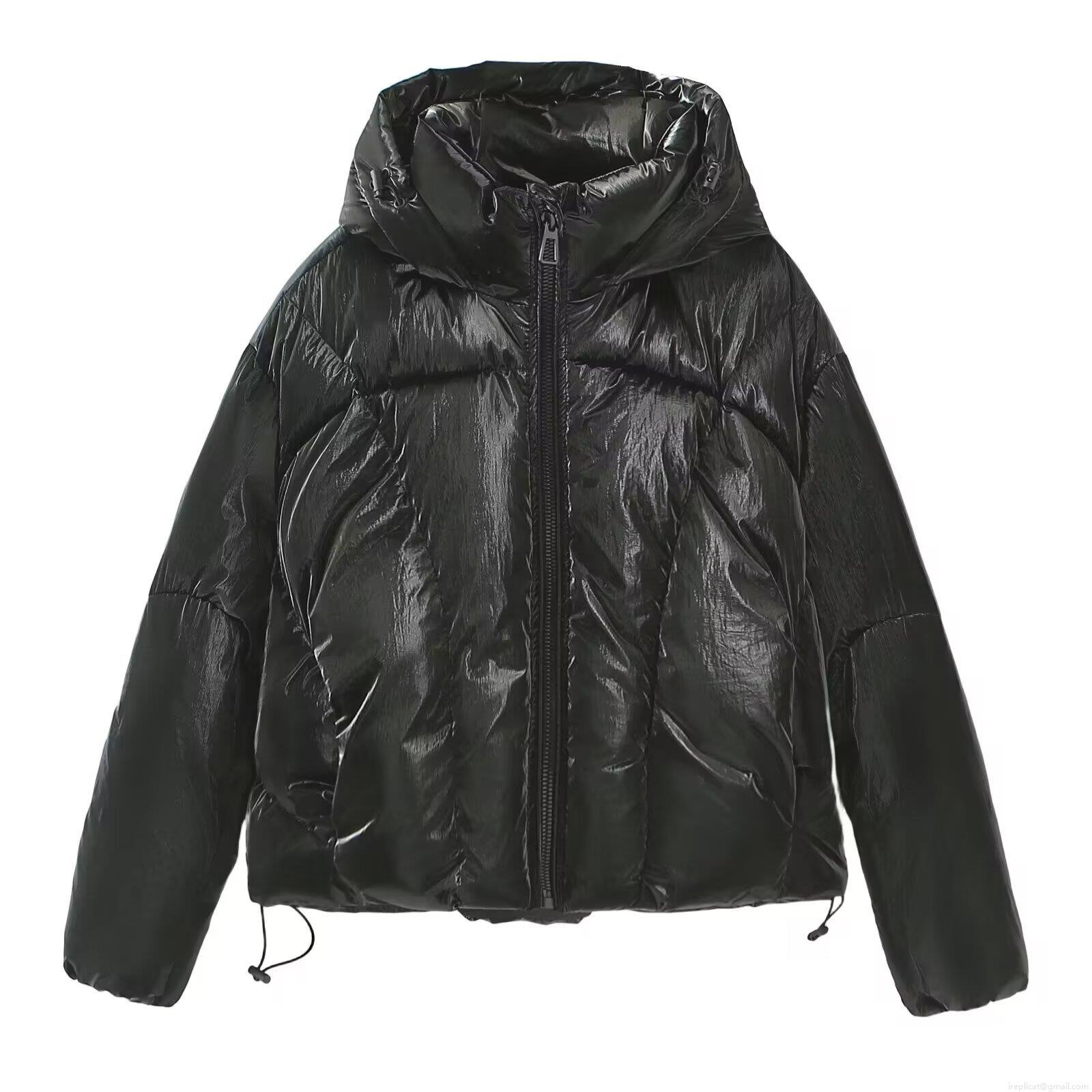 Women's Metallic Glossy Puffer Jacket Hooded Winter Padded Coat Warm Windproof Streetwear Short Quilted Bread Jacket For Ladies