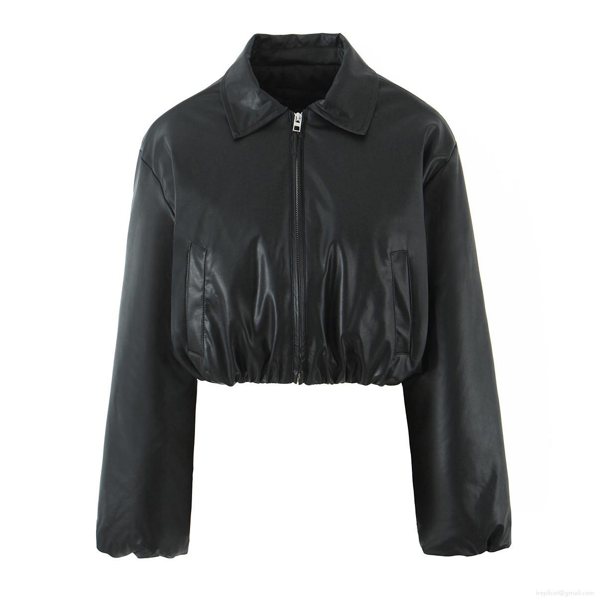 Women's PU Leather Short Padded Jacket Western Street Style Lapel Long Sleeve Cropped Winter Coat With Zipper And Pockets For Female