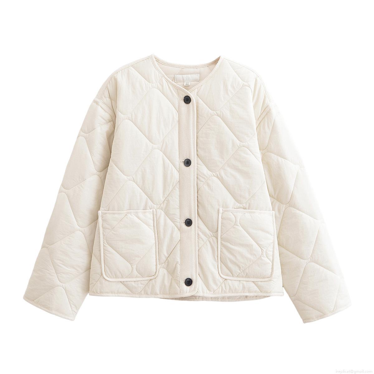 Women Quilted Rhombus Pattern Lightweight Jacket 100% Polyester Single Breasted Round Neck Puffer Coat For Autumn Winter Streetwear Casual Lady