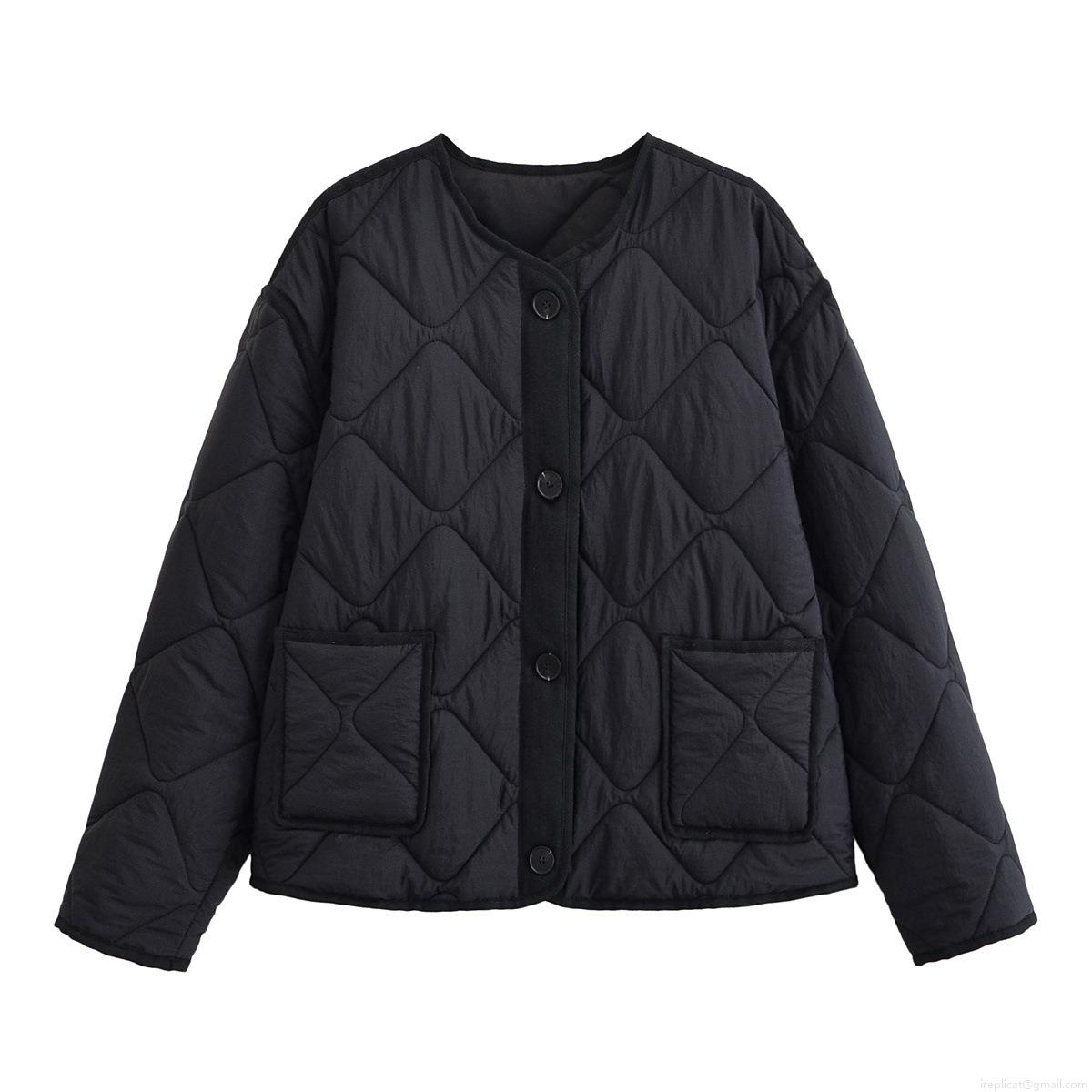 Women Quilted Rhombus Pattern Lightweight Jacket 100% Polyester Single Breasted Round Neck Puffer Coat For Autumn Winter Streetwear Casual Lady