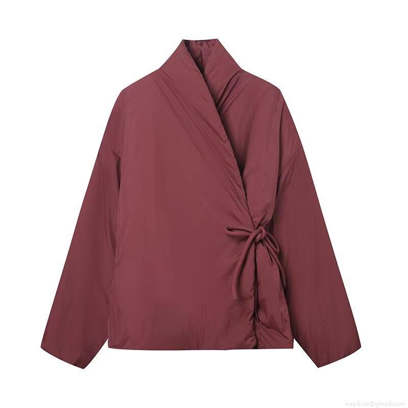 Women's Kimono Style Padded Quilted Coat Tie-Waist Solid Color Stand Collar Warm Jacket For Autumn Winter Streetwear Ladies Outerwear